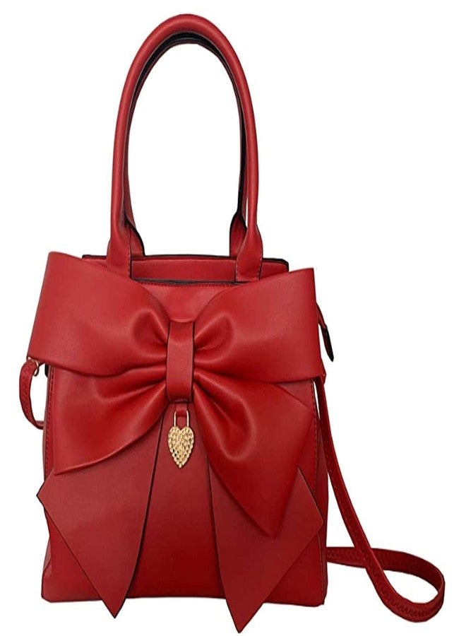 Rullar Women 2Pcs Handbag Set Bow-Knot Satchel Top-handle Crossbody Bag Tote Wallet Purse with Heart Pendant Red - Image 2