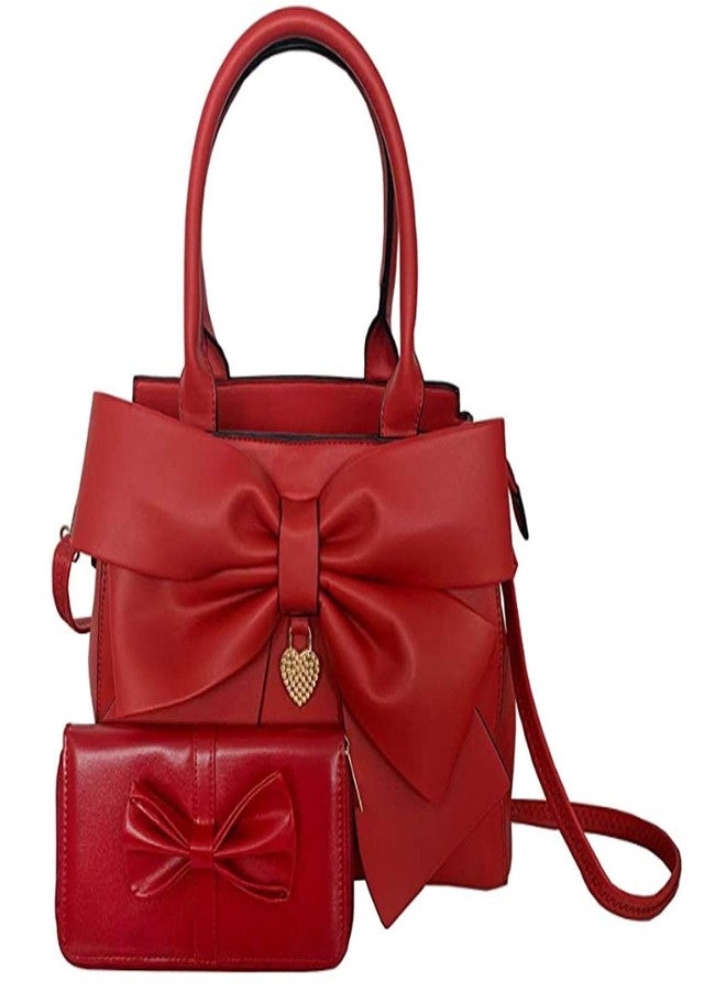 Rullar Women 2Pcs Handbag Set Bow-Knot Satchel Top-handle Crossbody Bag Tote Wallet Purse with Heart Pendant Red - Image 1