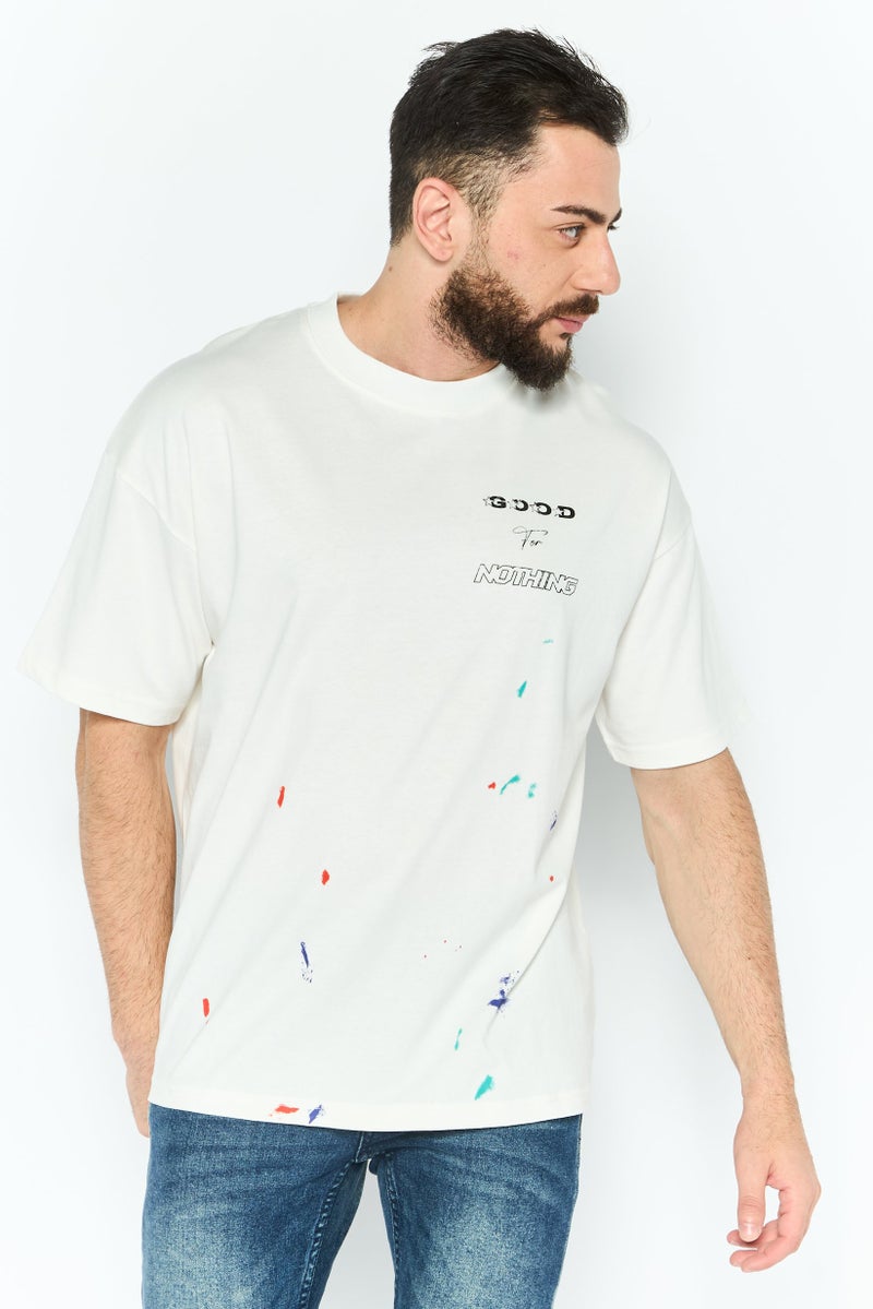 GOOD FOR NOTHING Men Crew Neck Short Sleeve Graphic Printed T-Shirt, Off White - Image 1