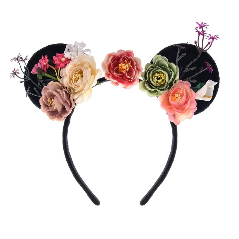 A Miaow Flower Headpiece Black Mouse Ears Headband MM Floral Hair Hoop Halloween Park Women Adults Costume Photo Shoot Colourful Flowers