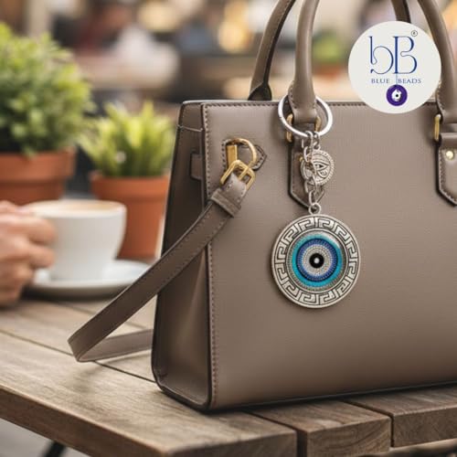 BLUE BEADS Blue and Silver Color Round Evil Eye Keychain For Bike/Car Gifting With Key Ring Anti-Rust (Pack Of 1) - Image 4