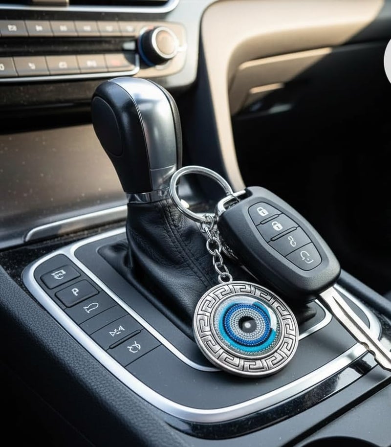 BLUE BEADS Blue and Silver Color Round Evil Eye Keychain For Bike/Car Gifting With Key Ring Anti-Rust (Pack Of 1) - Image 3