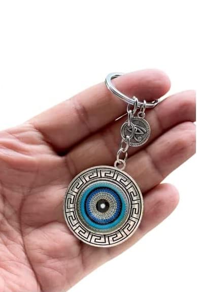 BLUE BEADS Blue and Silver Color Round Evil Eye Keychain For Bike/Car Gifting With Key Ring Anti-Rust (Pack Of 1) - Image 1