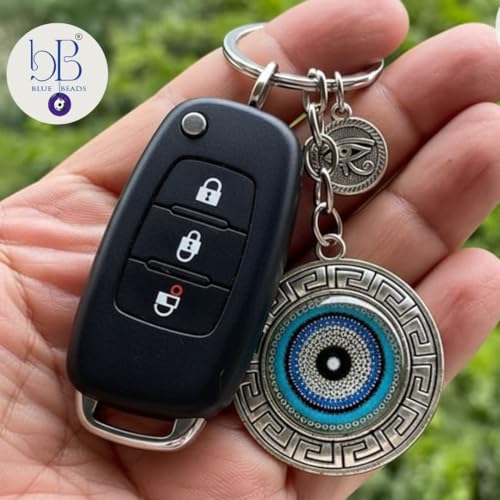 BLUE BEADS Blue and Silver Color Round Evil Eye Keychain For Bike/Car Gifting With Key Ring Anti-Rust (Pack Of 1) - Image 2