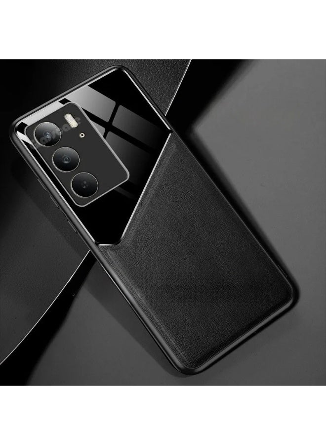 Case Compatible With Realme 14X/Realme c75 Cover Luxury Leather And Glass With Car Magnetic Holder Phone Cover Soft Frame Silicone (Black)