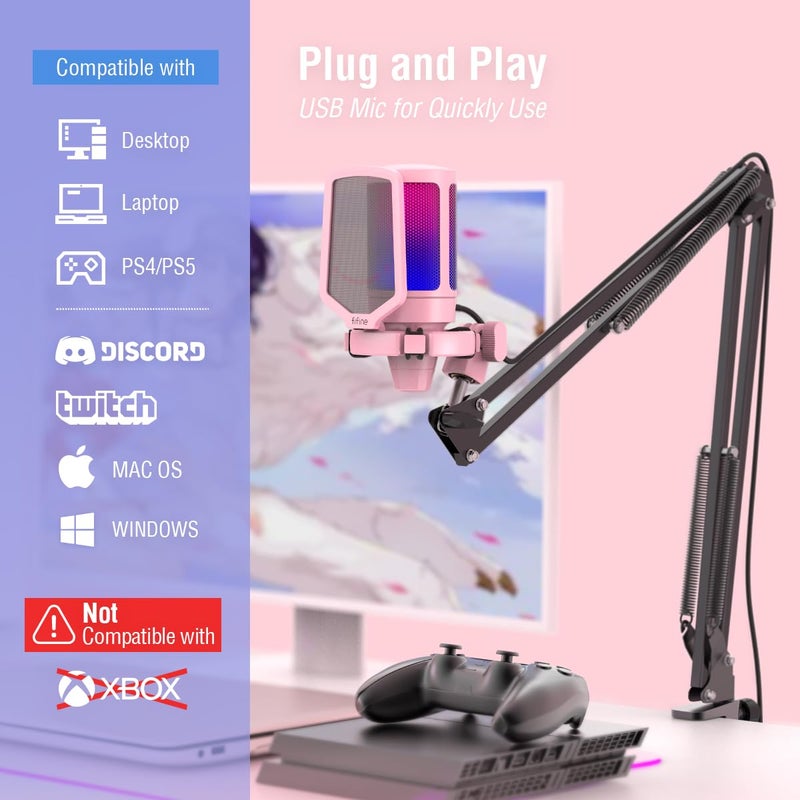 FIFINE مجموعة ميكروفون USB للألعاب من FIFINE، ميكروفون RGB لتسجيل البث المباشر على الكمبيوتر، مناسب للبودكاست والغناء وYouTube، ميكروفون مكثف كارديويد مع كتم سريع، زر ضبط الصوت - A6T وردي - Image 5