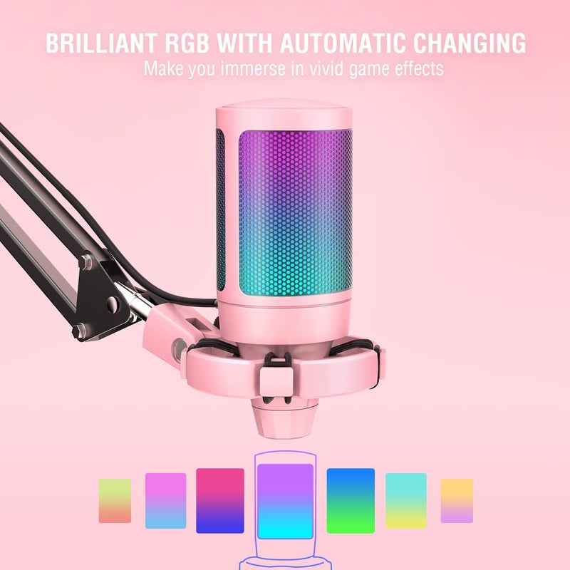 FIFINE مجموعة ميكروفون USB للألعاب من FIFINE، ميكروفون RGB لتسجيل البث المباشر على الكمبيوتر، مناسب للبودكاست والغناء وYouTube، ميكروفون مكثف كارديويد مع كتم سريع، زر ضبط الصوت - A6T وردي - Image 3