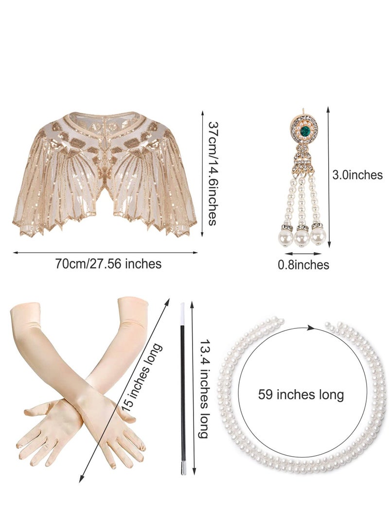 SYOSI 1920s Accessories Flapper Gatsby Costume Women Set 20s Flapper Headband Pearl Necklace Gloves Lace Fan Holder, Wood - Image 5