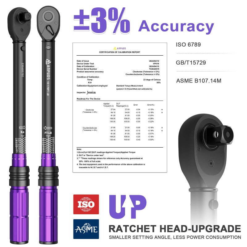 ANPUDS 1/2 Inch Drive Click Torque Wrench,10-170 Ft-Lb/13.6-230.5 Nm, Dual-direction Adjustable Torque Wrench with Dual Range Scales, 72 Tooth, Â±3% High Precision for Moto, Car Maintenance - Image 5