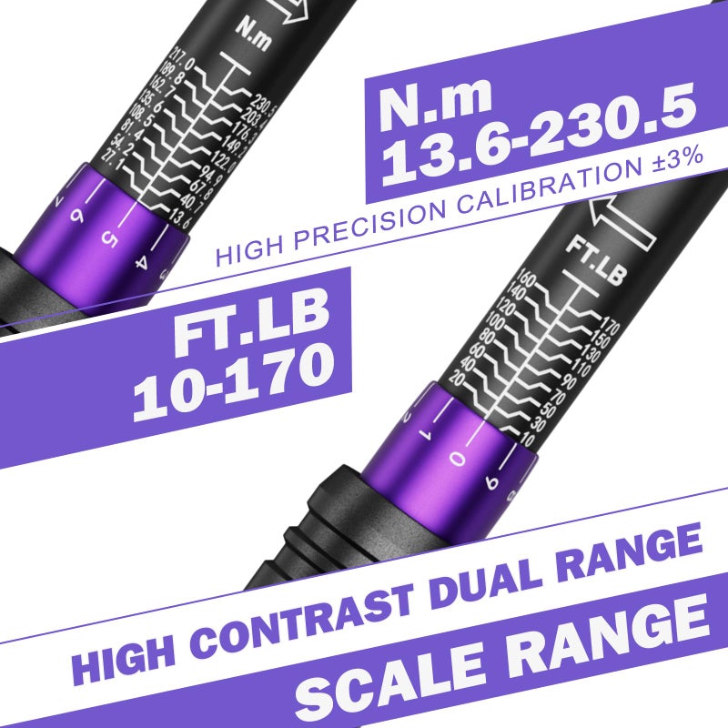 ANPUDS 1/2 Inch Drive Click Torque Wrench,10-170 Ft-Lb/13.6-230.5 Nm, Dual-direction Adjustable Torque Wrench with Dual Range Scales, 72 Tooth, Â±3% High Precision for Moto, Car Maintenance - Image 2