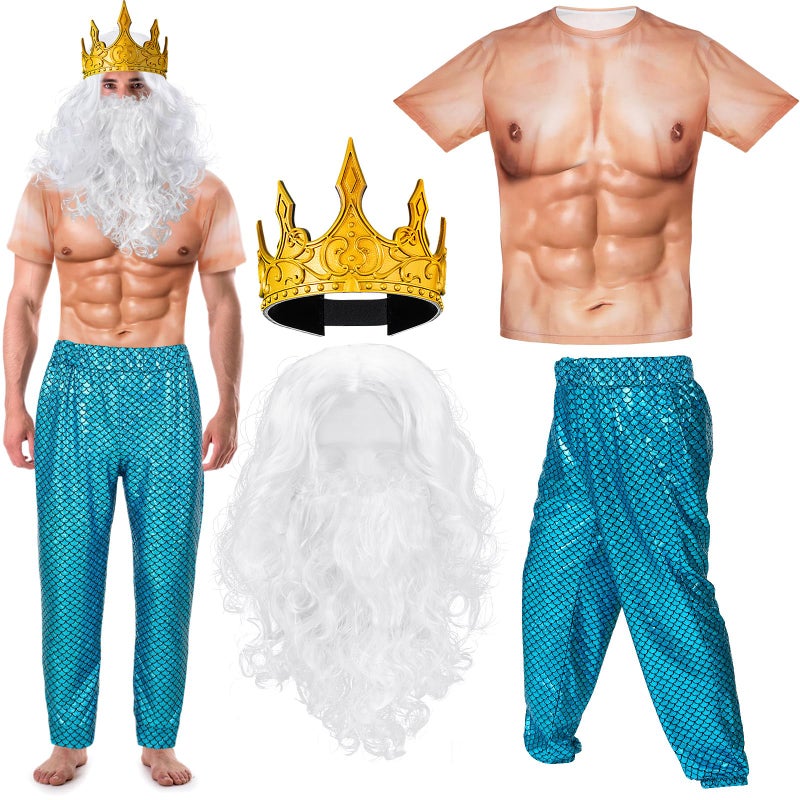 Cutecrop 4 Pcs Halloween Poseidon Costume Neptune Merman Trick or Treat Kit Sea Cosplay for Grandpa MenBlueLarge