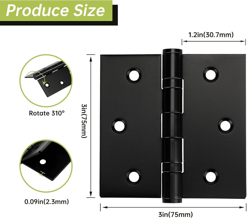 MOZCORN 6 Pack Black Door Hinges 3 x 3 Inches, Stainless Steel Ball Bearing Hinges with Screws, Square Corner, Smooth and Quiet - Image 2