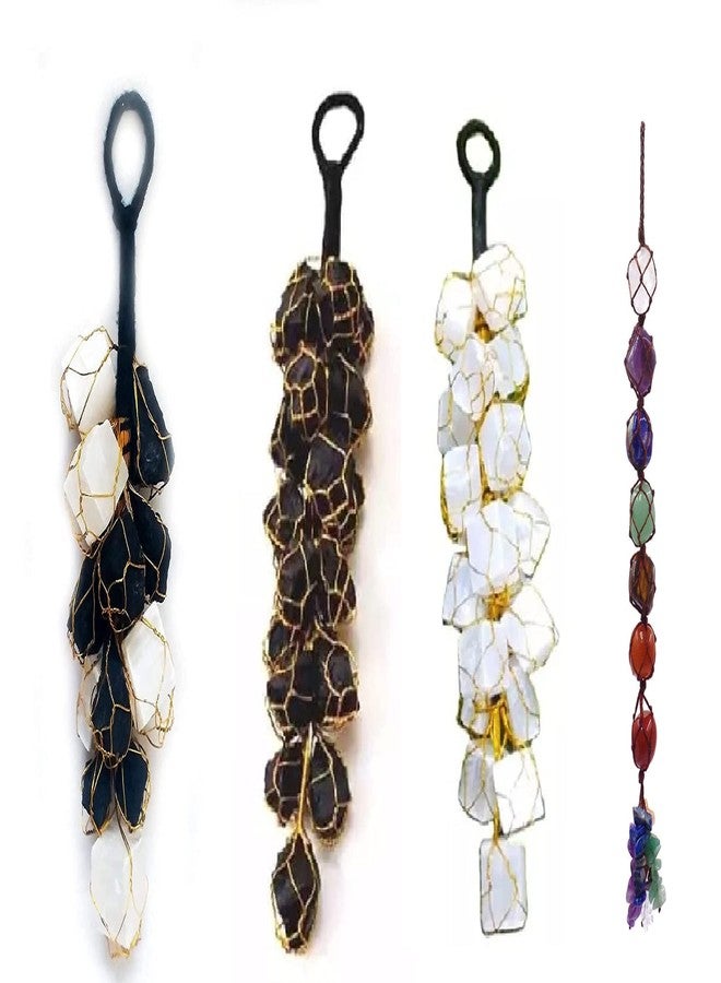 GEMTUB Natural Handcrafted Black Tourmaline and Selenite Rough Chunks Hangingr and 7 chakra tumble hanging For Home & Car Hanging Combo Pack of 4 (combo 4(BT,ST+BT+ST+7 chakra Hanging)) - Image 1
