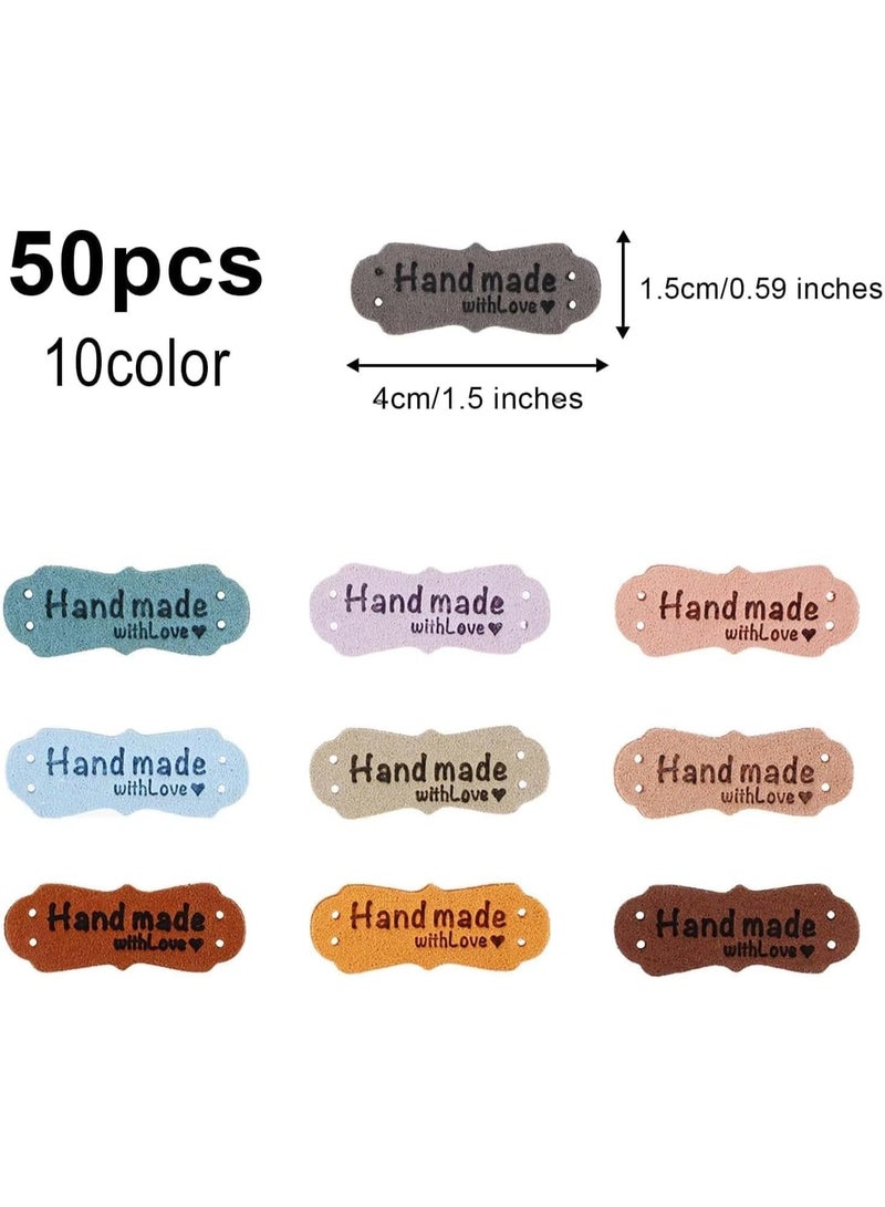 HZYH 50Pcs Handmade Sewing Labels, PU Leather Labels Sewing Labels for Handmade Items with Hole DIY Sewing Lables for Embellishment Crochet Knitting Hats Craft Supplies (10  Styles) - Image 2
