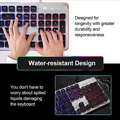 LANGTU Membrane Gaming Keyboard, Colorful LED Backlit Quiet Keyboard for Study, All-Metal Panel USB Wired 25 Keys Anti-ghosting Computer Keyboard 104 Keys - L1 Black/Silver… - Image 4