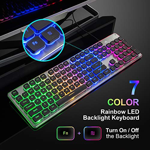 LANGTU Membrane Gaming Keyboard, Colorful LED Backlit Quiet Keyboard for Study, All-Metal Panel USB Wired 25 Keys Anti-ghosting Computer Keyboard 104 Keys - L1 Black/Silver… - Image 2