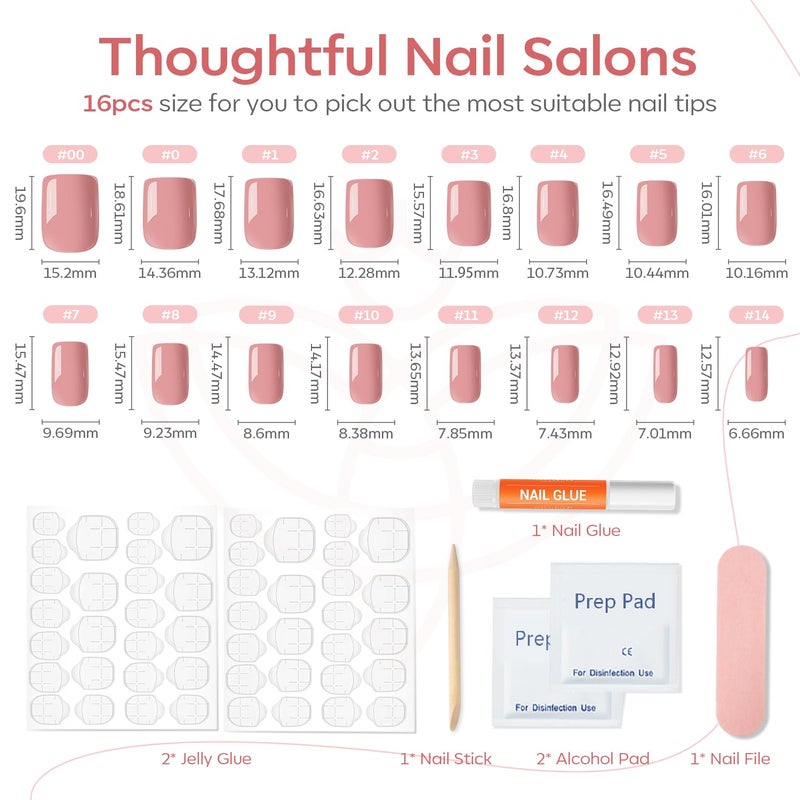 Modelones 32Pcs Peach Pink Press on Nails, Spring Short Square Fake Nails, Reusable Nail Kit with Nail Glue Adhesive Tabs Mini Nail File, Nails Press Ons 16 Sizes, Women Girl Gift - Image 5
