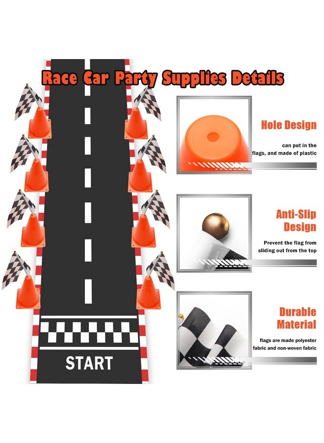 Windspeed Race Car Party Supplies, 38 Pcs Set: 24 Checkered Flags, 12 Mini Traffic Cones, 6.5Ft Racetrack Mat, 9.8Ft Hanging Flag, Birthday Decorations - Image 3