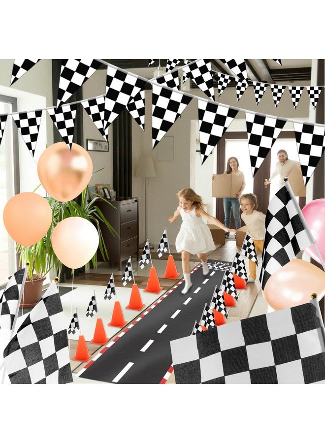 Windspeed Race Car Party Supplies, 38 Pcs Set: 24 Checkered Flags, 12 Mini Traffic Cones, 6.5Ft Racetrack Mat, 9.8Ft Hanging Flag, Birthday Decorations - Image 4