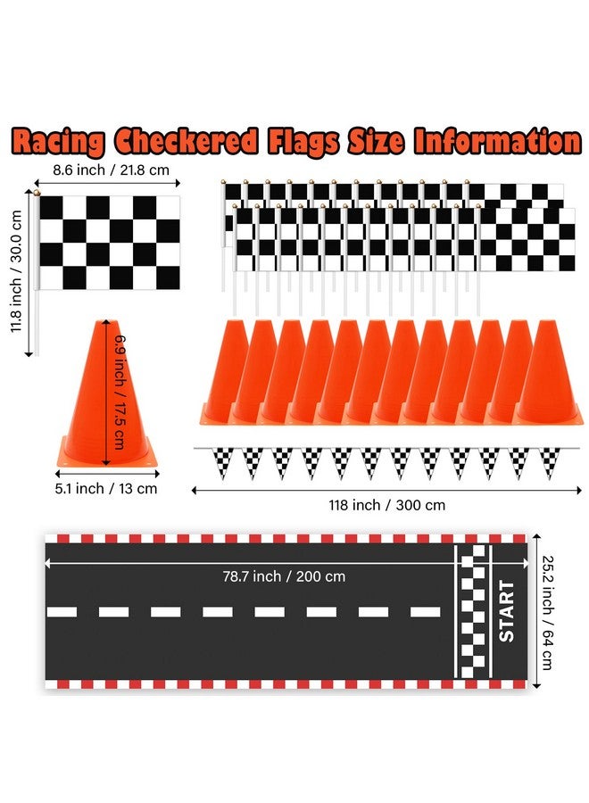 Windspeed Race Car Party Supplies, 38 Pcs Set: 24 Checkered Flags, 12 Mini Traffic Cones, 6.5Ft Racetrack Mat, 9.8Ft Hanging Flag, Birthday Decorations - Image 2