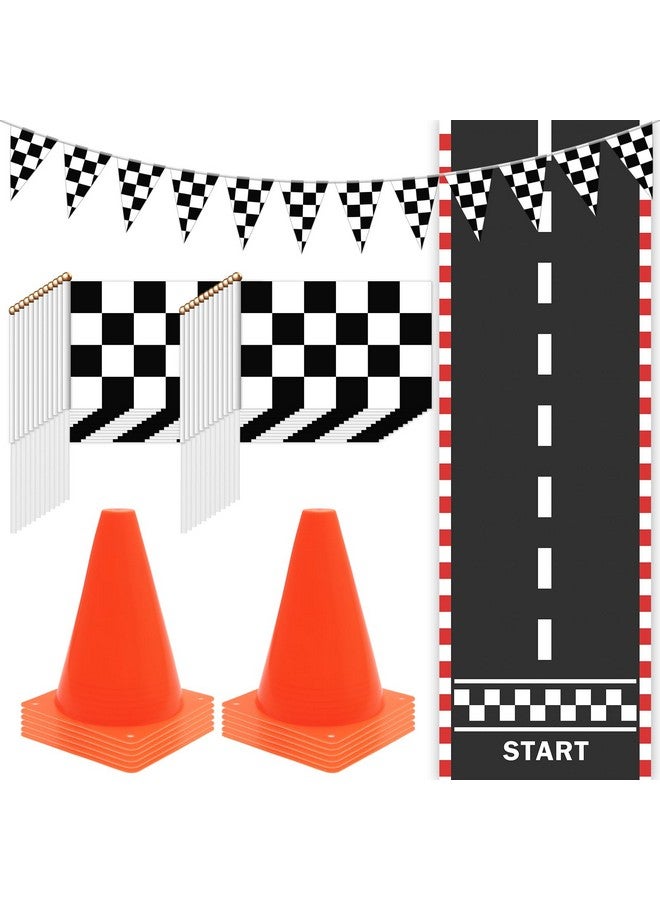 Windspeed Race Car Party Supplies, 38 Pcs Set: 24 Checkered Flags, 12 Mini Traffic Cones, 6.5Ft Racetrack Mat, 9.8Ft Hanging Flag, Birthday Decorations - Image 1