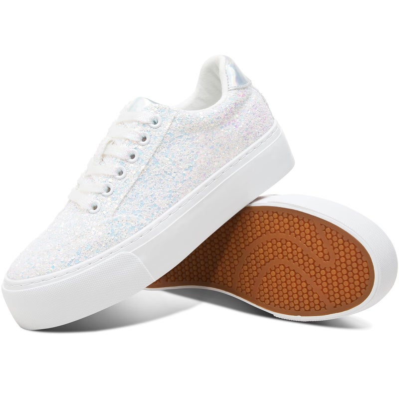 Jeekopeg Glitter Platform Sneakers Women Casual Sequin Sparkly Shoes Bling Thick Sole Walking Shoes Shiny Sequin Wedding Sneakers for Lady(White Glitter,US6) - Image 1