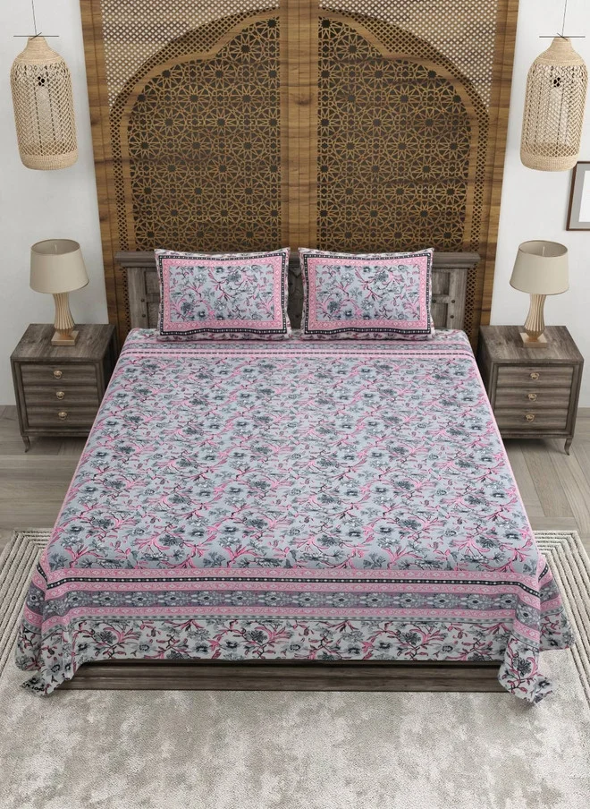 CLOTHOLOGY CLOTHOLOGY Pink & Grey Printed Pure Cotton 180 TC King Bedsheet Set