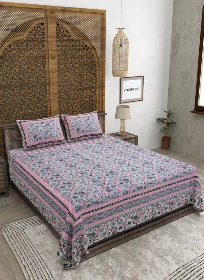 CLOTHOLOGY CLOTHOLOGY Pink & Grey Printed Pure Cotton 180 TC King Bedsheet Set