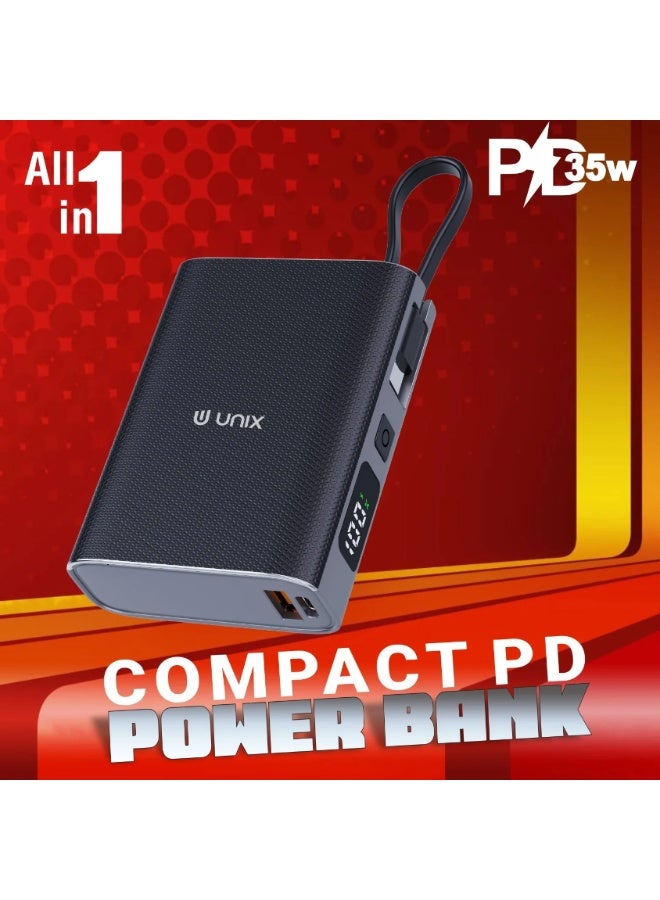 يونيكس باور بانك يونكس UX-1515 بسعة 10000mAh مع شحن سريع 35W PD | كابلات مدمجة 4 في 1 | شاشة LED رقمية | شاحن سريع مدمج للأندرويد وiOS | أسود - Image 2
