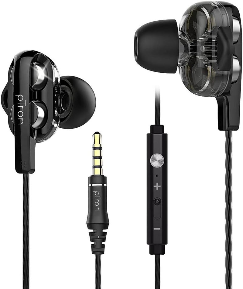 PTron Boom Ultima V2 Dual Driver, in-Ear Gaming Wired Headphones with in-line Mic, Volume Control, Passive Noise Cancelling Boom 3 Earphones with 3.5mm Audio Jack & 1.2M Tangle-Free Cable (Black) - Image 1