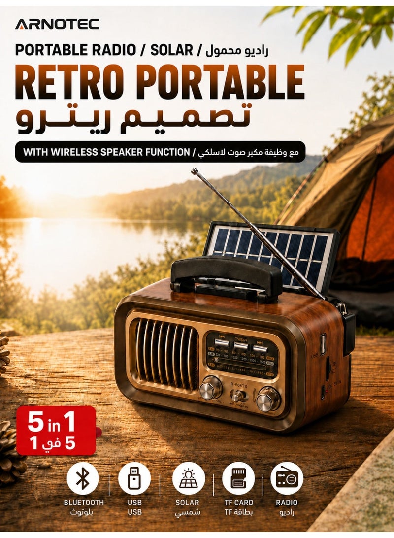 ARNOTEC Retro Portable Solar Bluetooth Radio Speaker, AM FM SW Vintage Radio With USB Rechargeable Battery, TF Card & USB MP3 Player, Wooden Design Outdoor Camping Radio, 4-in-1 - Image 1