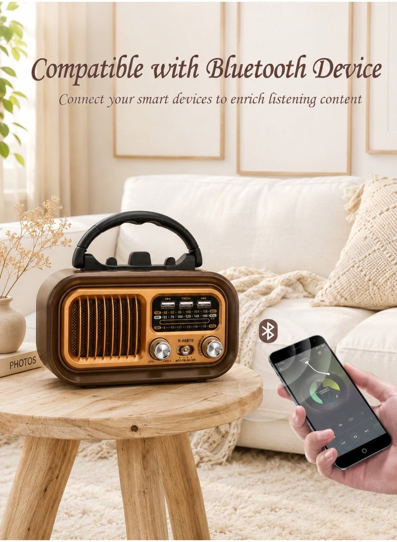 ARNOTEC Retro Portable Solar Bluetooth Radio Speaker, AM FM SW Vintage Radio With USB Rechargeable Battery, TF Card & USB MP3 Player, Wooden Design Outdoor Camping Radio, 4-in-1 - Image 3