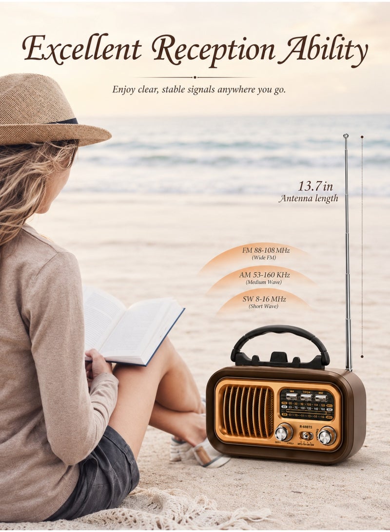 ARNOTEC Retro Portable Solar Bluetooth Radio Speaker, AM FM SW Vintage Radio With USB Rechargeable Battery, TF Card & USB MP3 Player, Wooden Design Outdoor Camping Radio, 4-in-1 - Image 4