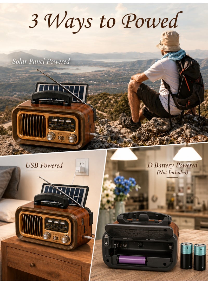 ARNOTEC Retro Portable Solar Bluetooth Radio Speaker, AM FM SW Vintage Radio With USB Rechargeable Battery, TF Card & USB MP3 Player, Wooden Design Outdoor Camping Radio, 4-in-1 - Image 5