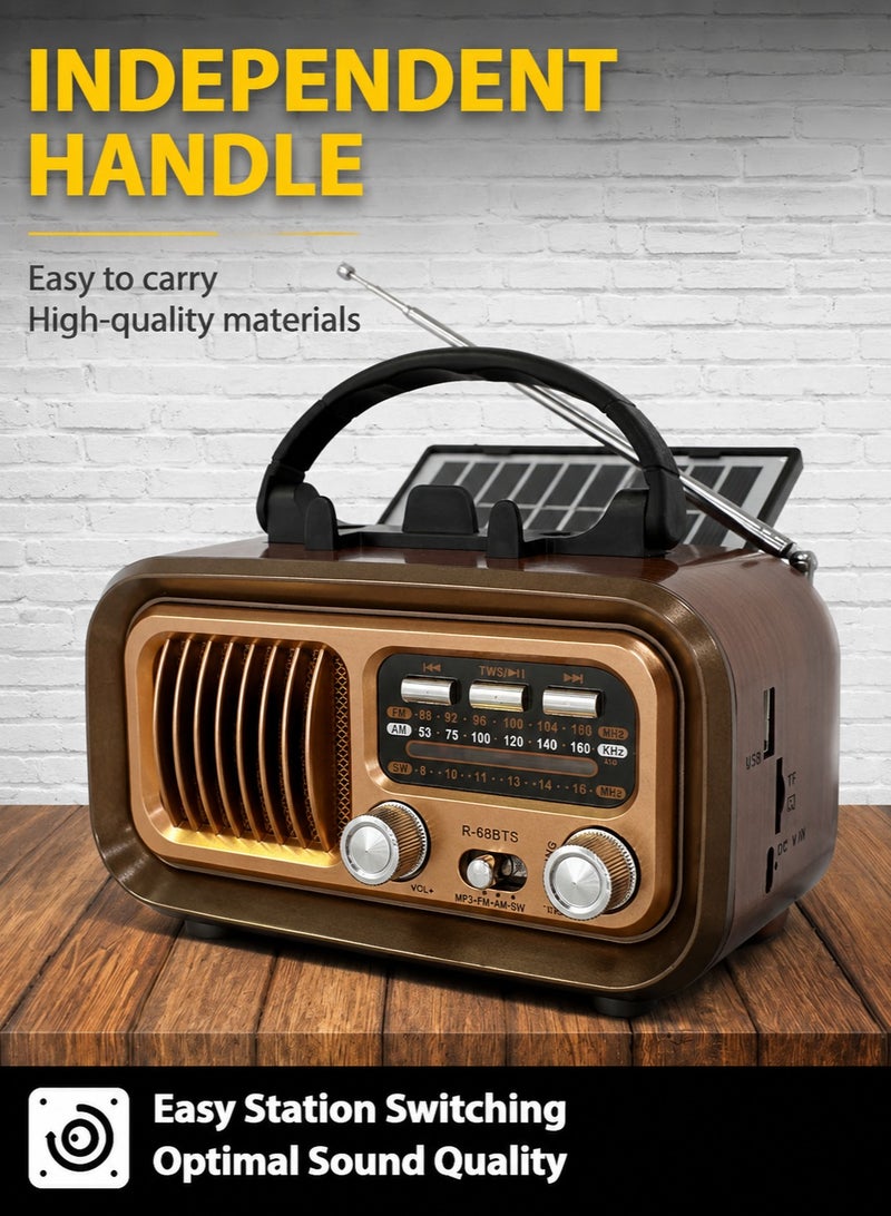 ARNOTEC Retro Portable Solar Bluetooth Radio Speaker, AM FM SW Vintage Radio With USB Rechargeable Battery, TF Card & USB MP3 Player, Wooden Design Outdoor Camping Radio, 4-in-1 - Image 2