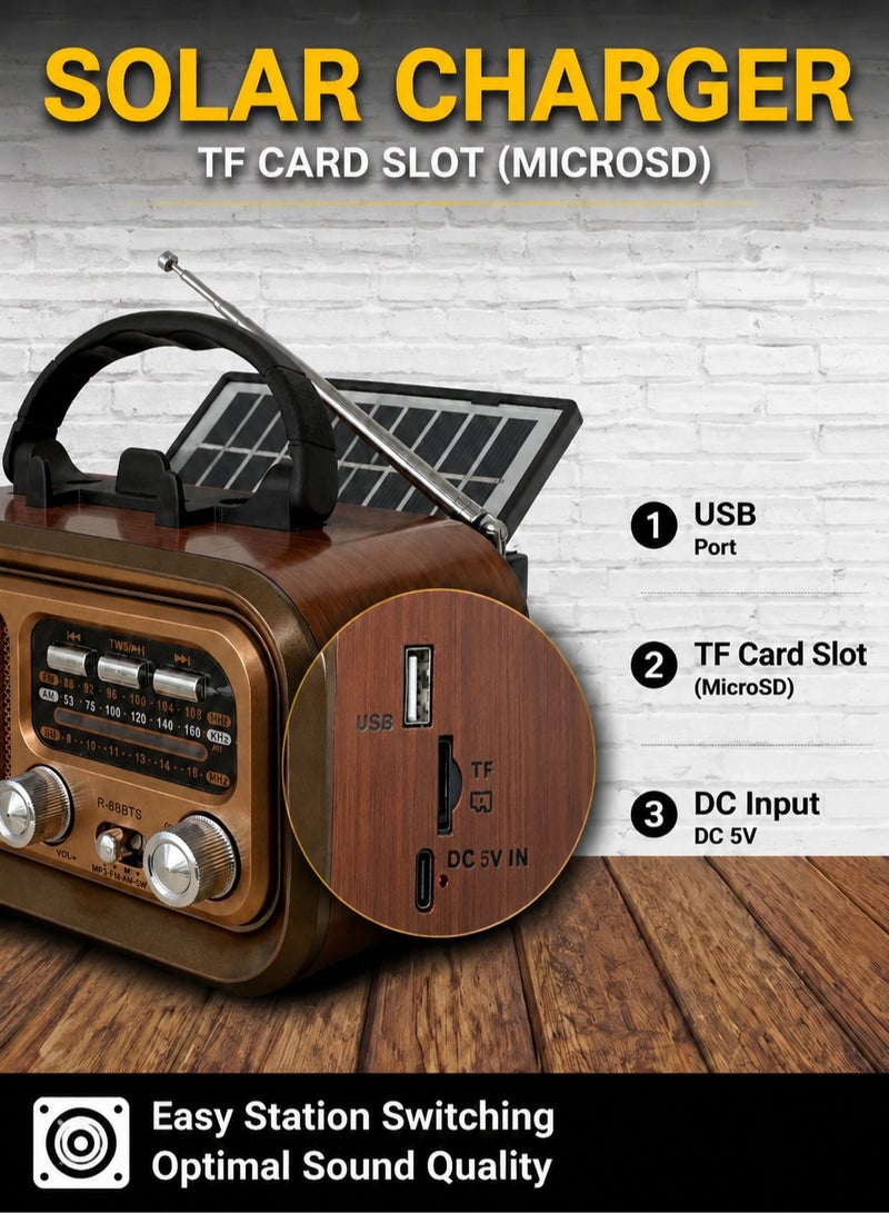 ARNOTEC Retro Portable Solar Bluetooth Radio Speaker, AM FM SW Vintage Radio With USB Rechargeable Battery, TF Card & USB MP3 Player, Wooden Design Outdoor Camping Radio, 4-in-1 - Image 3