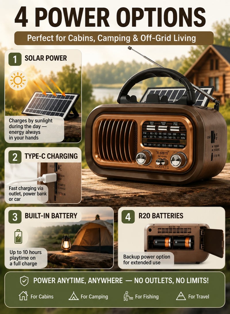 ARNOTEC Retro Portable Solar Bluetooth Radio Speaker, AM FM SW Vintage Radio With USB Rechargeable Battery, TF Card & USB MP3 Player, Wooden Design Outdoor Camping Radio, 4-in-1 - Image 5