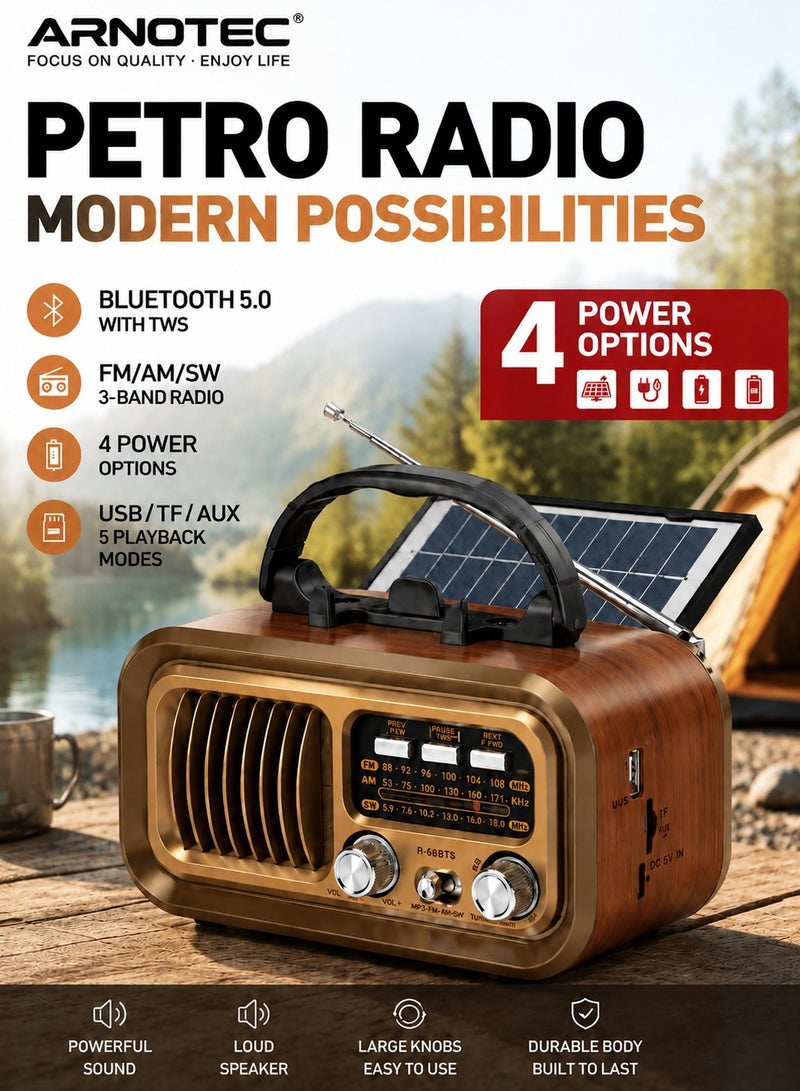 ARNOTEC Retro Portable Solar Bluetooth Radio Speaker, AM FM SW Vintage Radio With USB Rechargeable Battery, TF Card & USB MP3 Player, Wooden Design Outdoor Camping Radio, 4-in-1 - Image 1