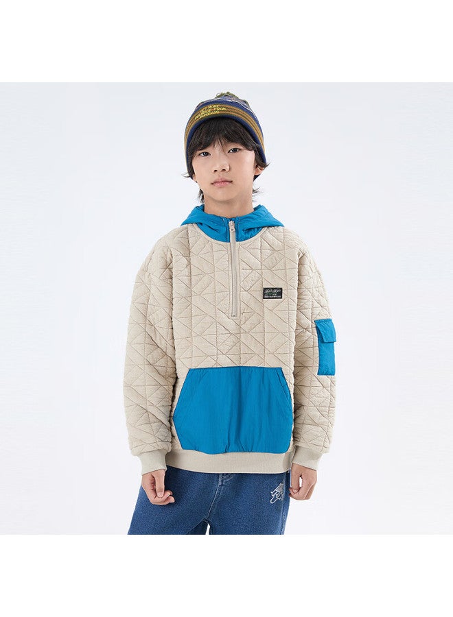 Mipo Sandwich Padded Hoodie Kids Autumn Winter Colorblock Warm Lightweight Sweatshirt Beige 130cm - Image 2