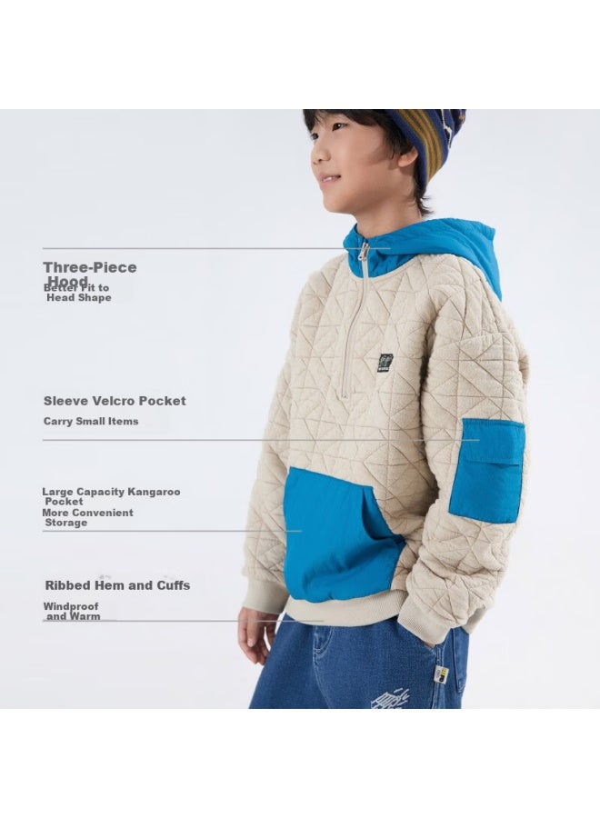 Mipo Sandwich Padded Hoodie Kids Autumn Winter Colorblock Warm Lightweight Sweatshirt Beige 130cm - Image 1