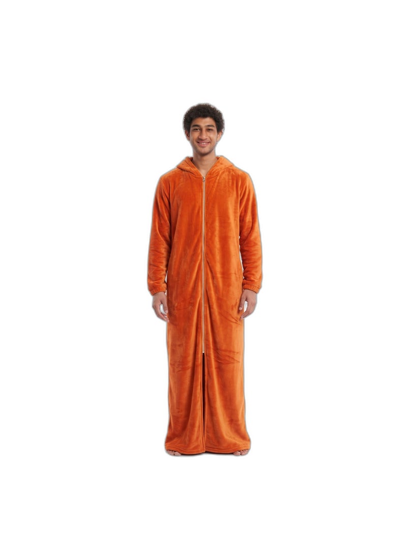Men's Long Hooded Fleece Robe - Full Zip Plush Lounge Robe with Side Pockets and Elastic Cuffs - Havana