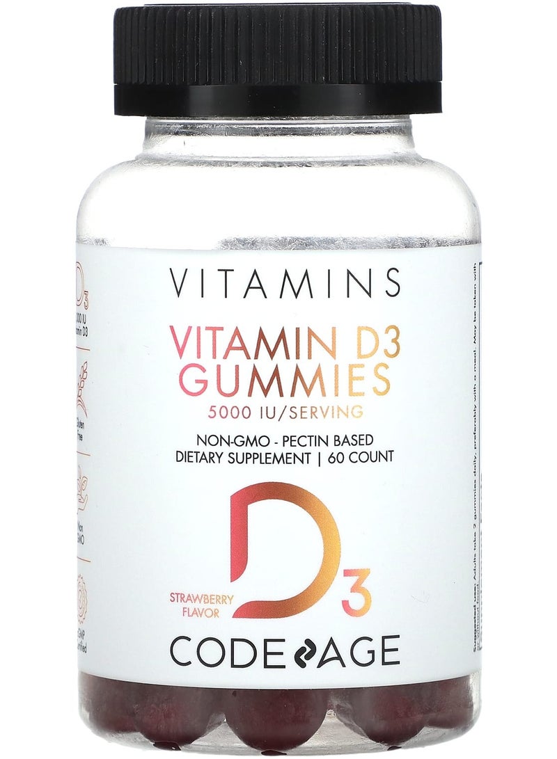 Codeage Vitamin D3 Gummies, Non-GMO, Pectin Based, Strawberry, 60 Gummies