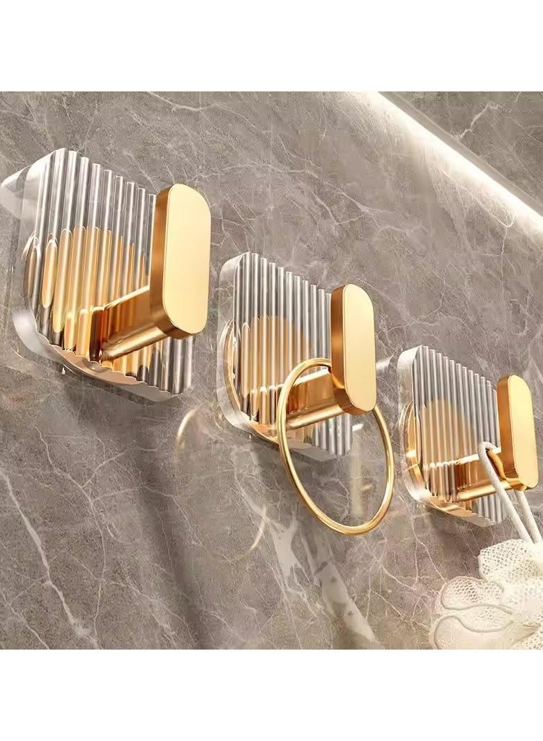 Self Adhesive Hooks, Acrylic Wall Hangers, Clothes Rack for Coat/Bathroom/Kitchen/Bedroom, No Drilling and Non-Marking, Upgraded Hardware Hooks, Three Pieces, Gold, 3 Plastic Hangers 