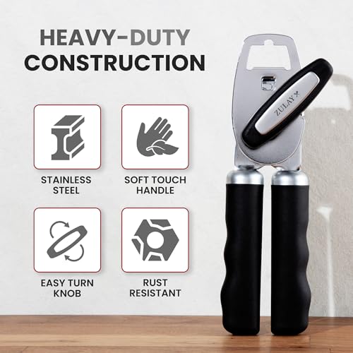 Zulay Kitchen Heavy Duty Stainless Steel Can Opener Manual with Bottle Opener - Rust Proof Manual Can Opener With Turn Knob & Comfy Soft Grip Handles - Black - Image 3