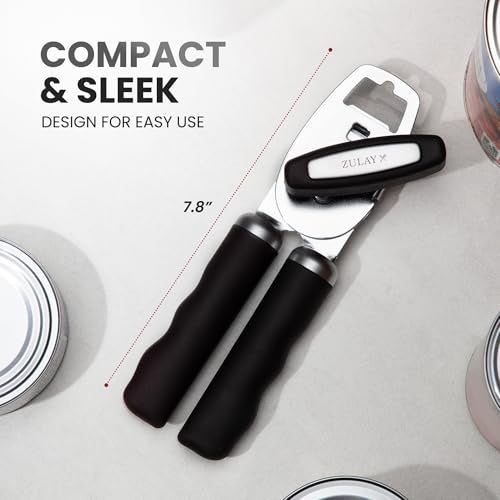 Zulay Kitchen Heavy Duty Stainless Steel Can Opener Manual with Bottle Opener - Rust Proof Manual Can Opener With Turn Knob & Comfy Soft Grip Handles - Black - Image 2