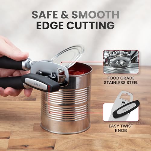 Zulay Kitchen Heavy Duty Stainless Steel Can Opener Manual with Bottle Opener - Rust Proof Manual Can Opener With Turn Knob & Comfy Soft Grip Handles - Black - Image 4