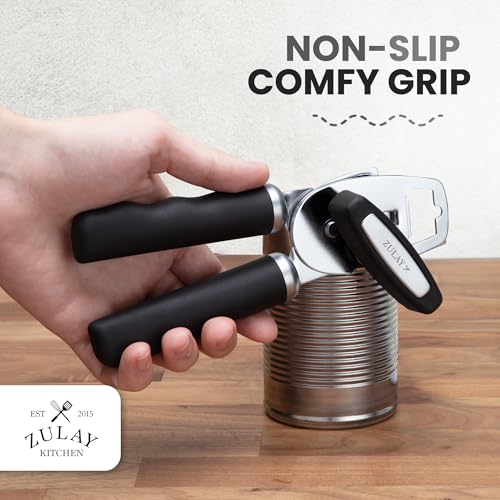 Zulay Kitchen Heavy Duty Stainless Steel Can Opener Manual with Bottle Opener - Rust Proof Manual Can Opener With Turn Knob & Comfy Soft Grip Handles - Black - Image 5