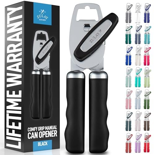 Zulay Kitchen Heavy Duty Stainless Steel Can Opener Manual with Bottle Opener - Rust Proof Manual Can Opener With Turn Knob & Comfy Soft Grip Handles - Black - Image 1
