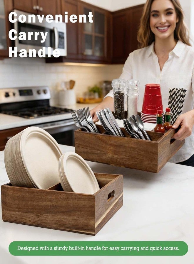 AMBER IMPRINT Acacia Wood Utensil Caddy for Parties (Set of 2) - 11" x 9.5" Utensil Holder for Party & Silverware Caddy for Countertop - Holds Plates, Napkins, Cups, Spoons, Forks - Kitchen Accessories - Image 4