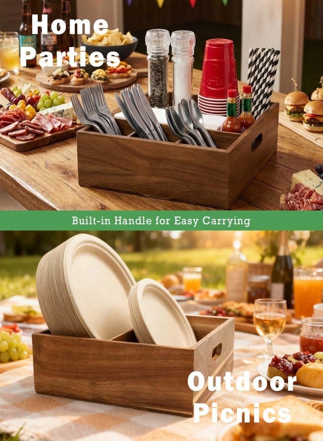 AMBER IMPRINT Acacia Wood Utensil Caddy for Parties (Set of 2) - 11" x 9.5" Utensil Holder for Party & Silverware Caddy for Countertop - Holds Plates, Napkins, Cups, Spoons, Forks - Kitchen Accessories - Image 5